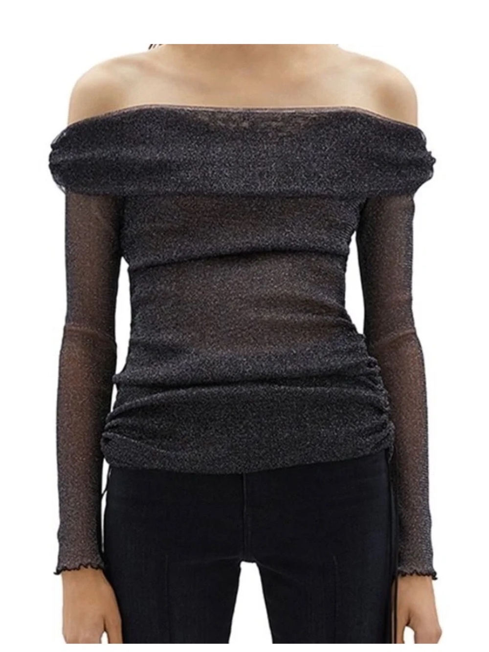 Jonathan Simkhai Black Sparkle Off-the-Shoulder Sheer Long-Sleeve Top - Size XS